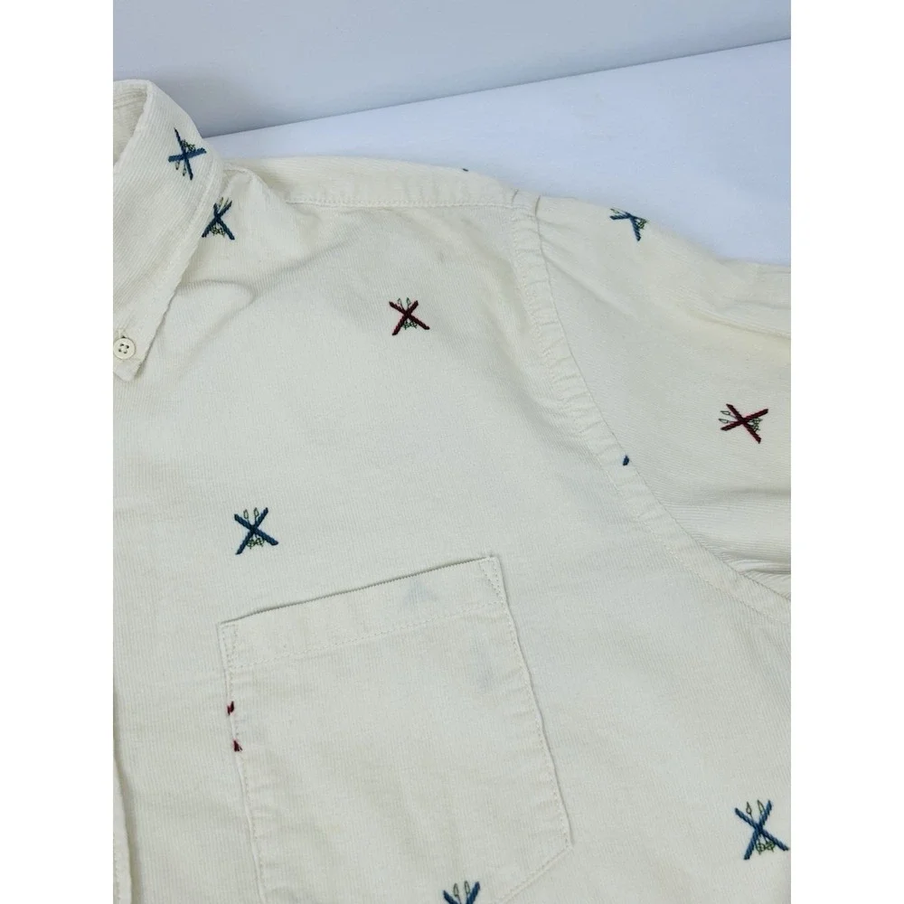 J. Crew Corduroy Shirt Mens Large Ivory Embroidered Ski Print Long Sleeve